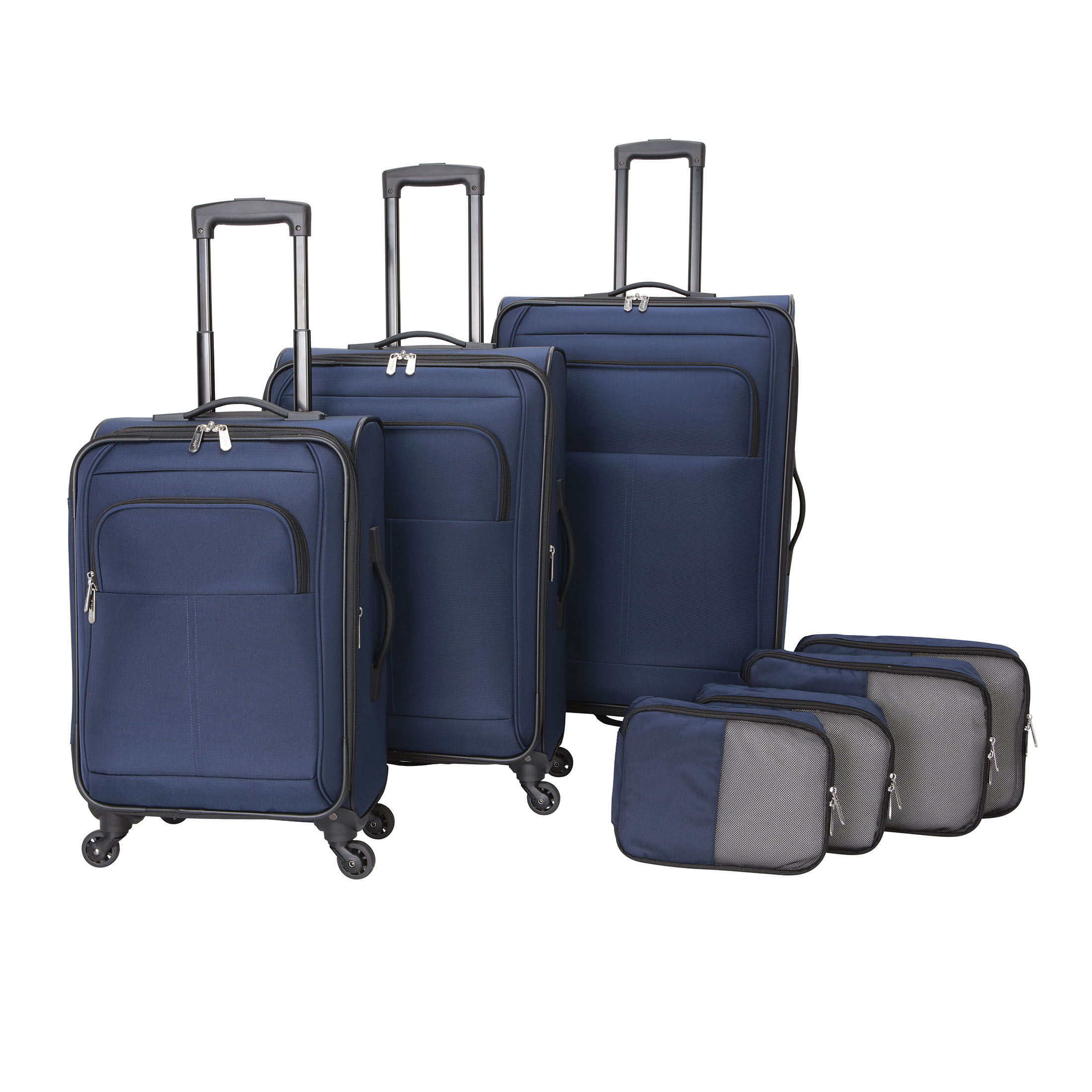 ProtΓ©gΓ© 7-Piece Softside Polyester Luggage Set With 360 Spinner Wheels and Divider Pockets, Includes 28-inch Checked, 24-inch Checked, 20-inch Carry-On, 2 Large and 2 Medium Packing Cubes, Blue Cove