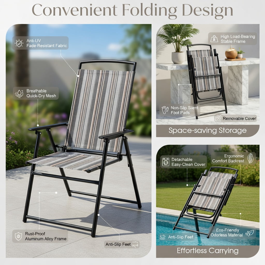 Hommoo 2-Pack Folding Patio Sling Chairs, Space-Saving Outdoor Dining Chairs, No Assembly Required, Gray