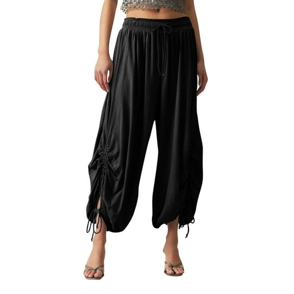 Summer Pants for Women Solid Color Casual Loose Elastic Waist Drawstring Harem Casual Pants plus Size for Women 2x Workout Trendy Cute Stretch Dress Black M