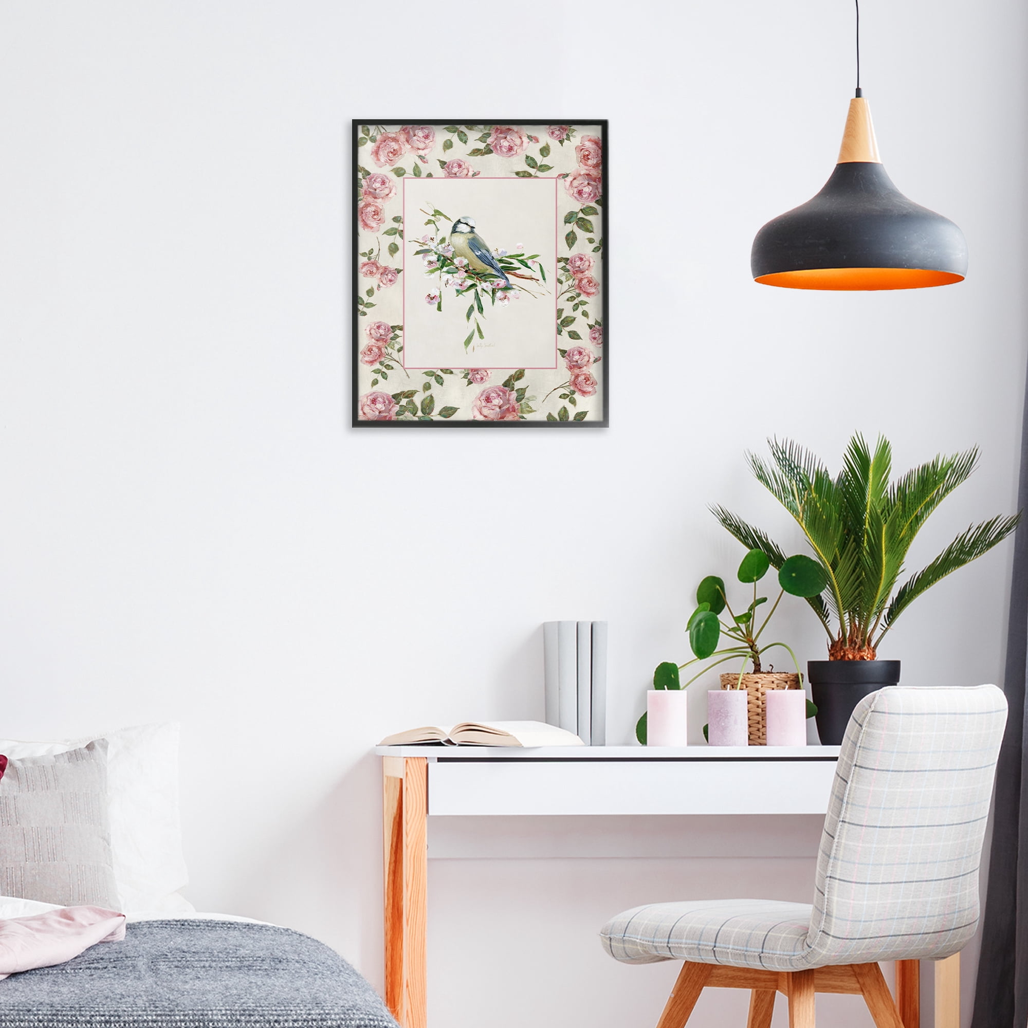 Stupell Industries Dainty Roses & Perched Bird Black Framed Giclee Art, design by Sally Swatland