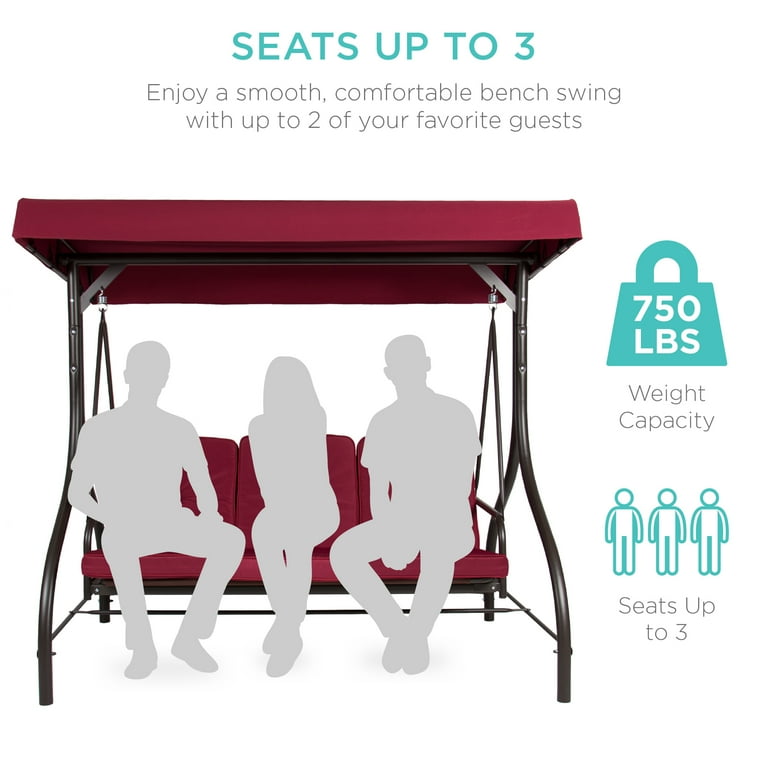 Best Choice Products 3 Seat Outdoor Converting Canopy Swing Glider Patio Hammock w Removable Cushions Burgundy