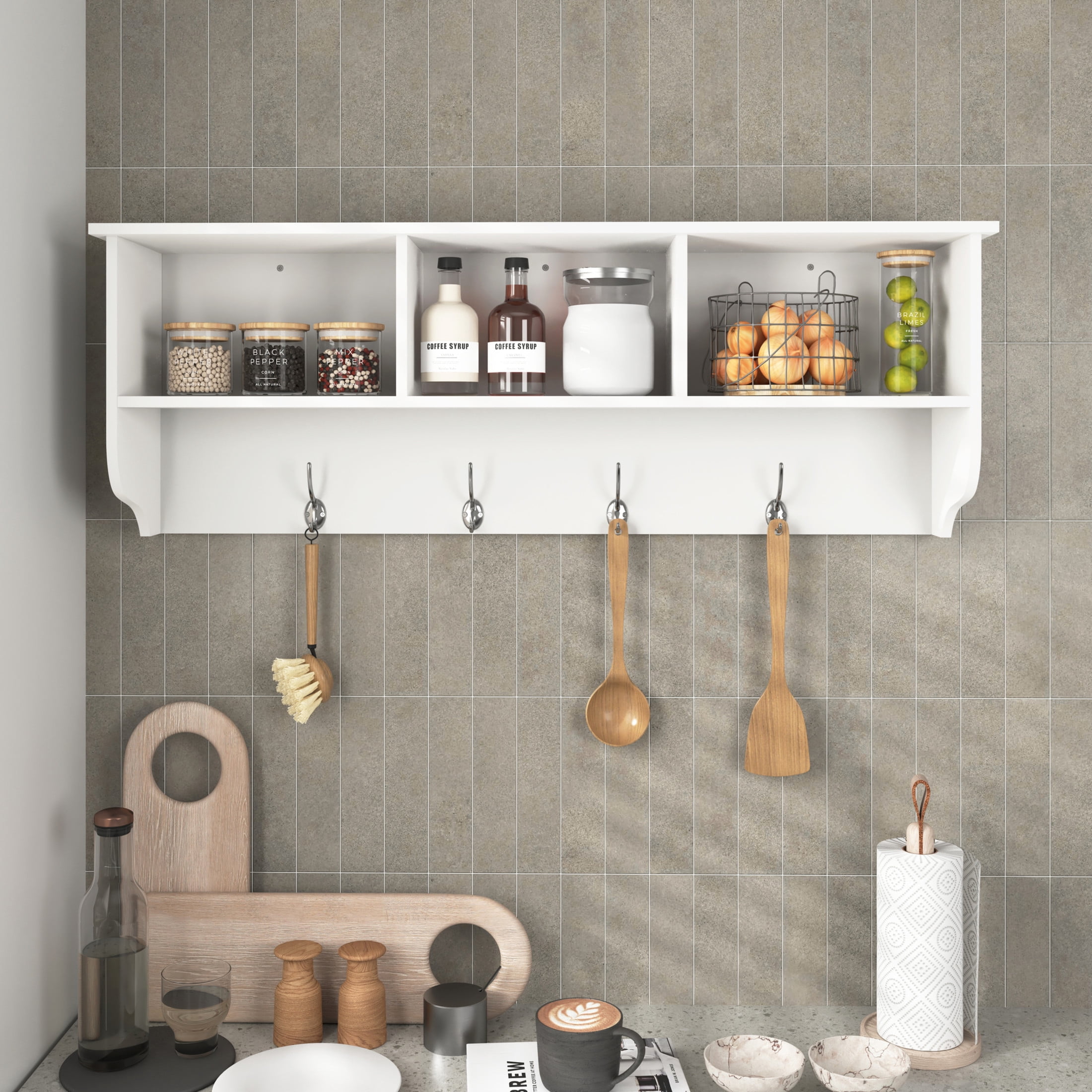 Noble House Wall Mounted Entryway Coat Rack with Storage Shelf and 4 Dual Hooks, MDF Wood, White