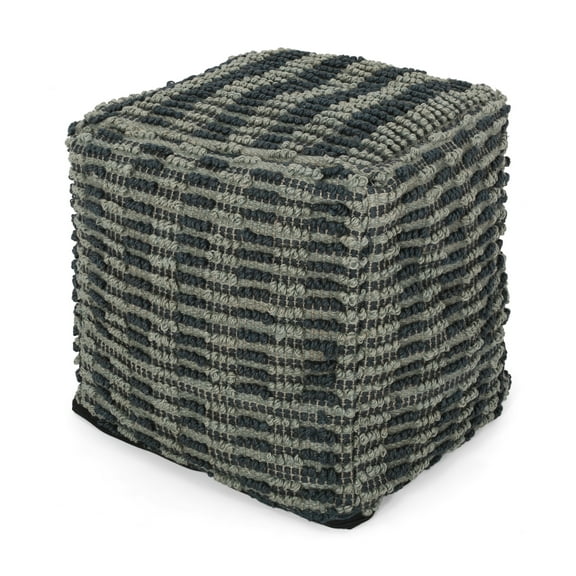 Haji Boho Fabric Cube Pouf, Blue, Teal and Natural