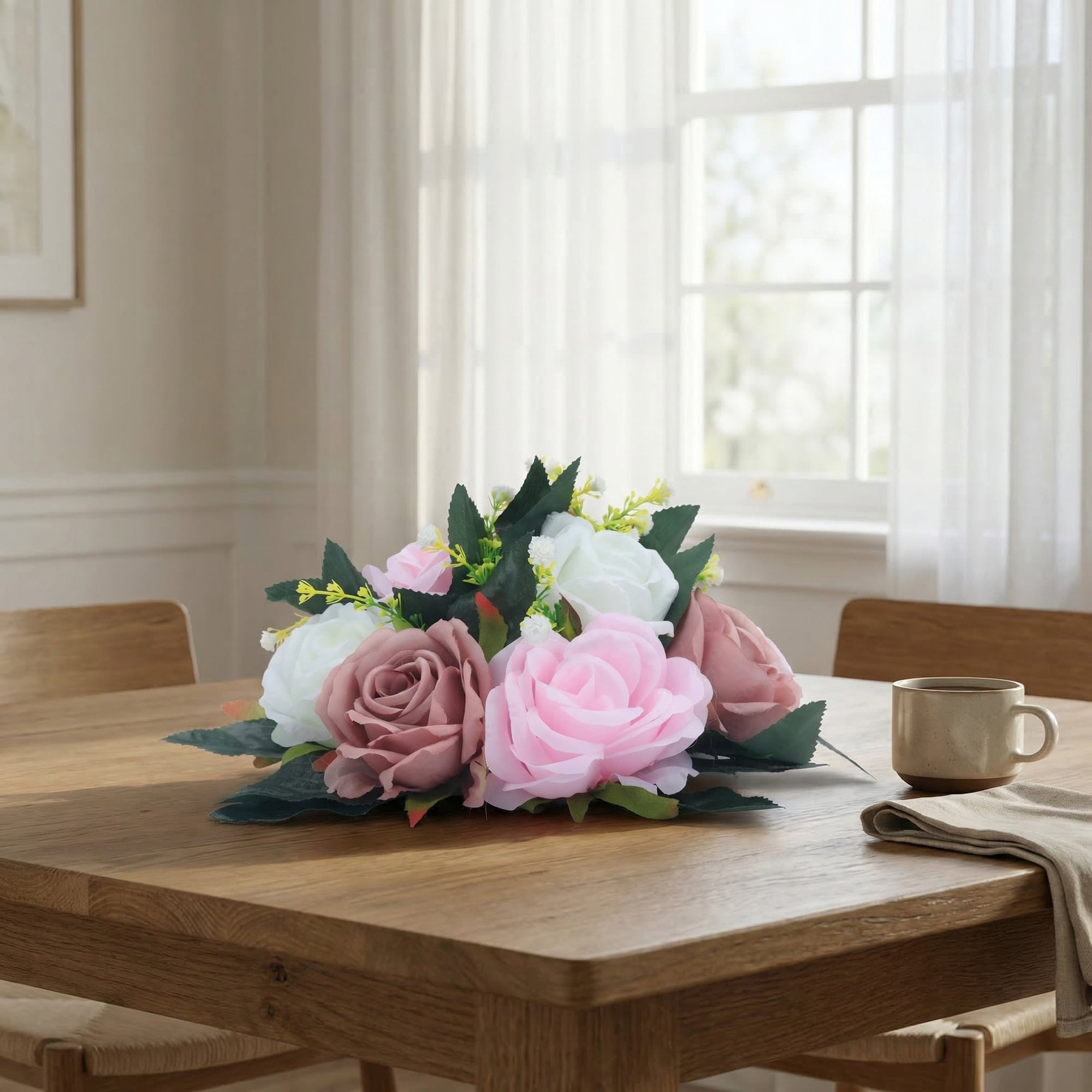 Unique Bargains 2Pcs Artificial Rose Flower Centerpiece Dark Pink Purple 4.7 in