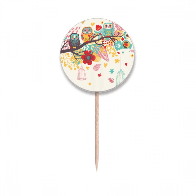 Illustration Animals Branches Flowers Owls Toothpick Flags Round Labels Party Decoration