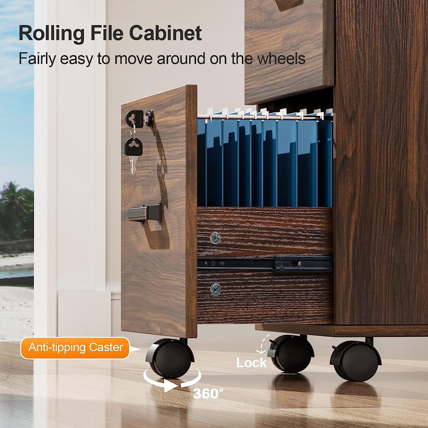 2 Drawer File Cabinet with Lock,  Filing Cabinet for Letter Size File Folders with Tabs, Under Desk Rolling File Cabinets for Home Office, Mobile File Organization Printer Stand