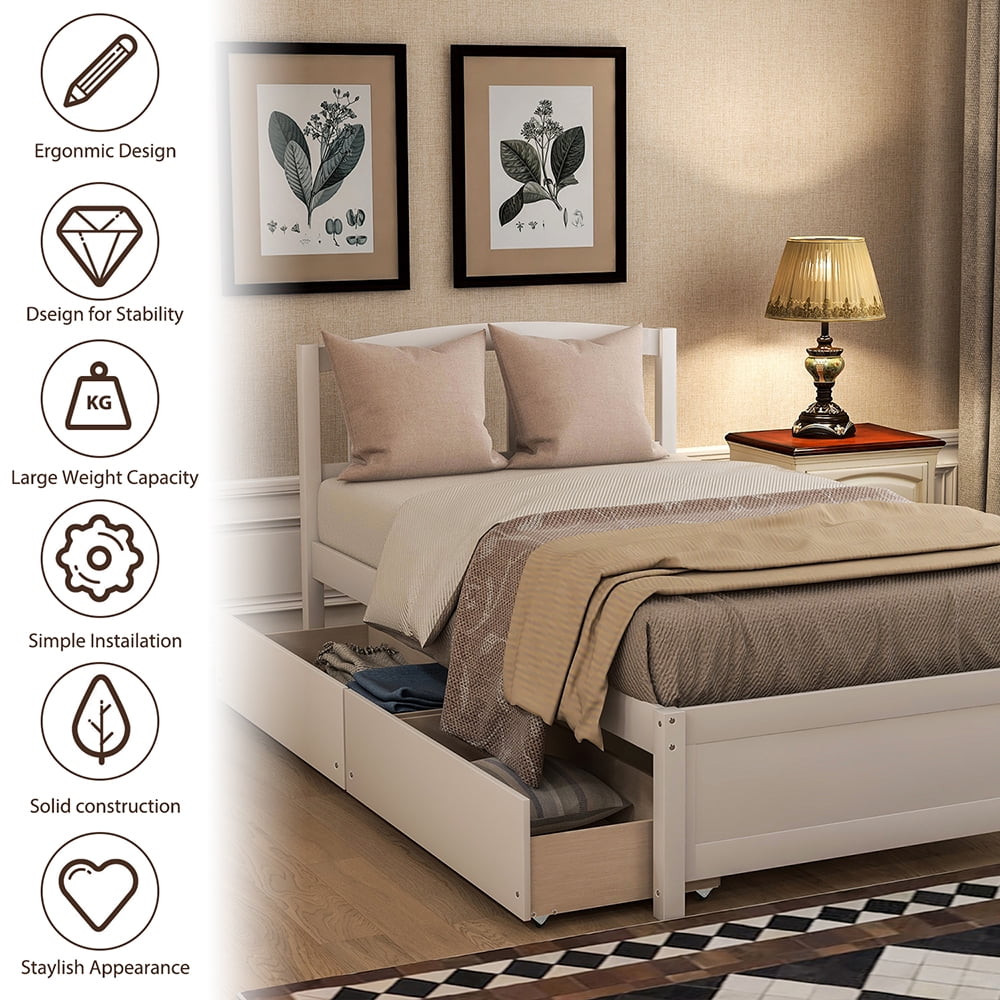Kepooman Twin Size Modern Bedroom Solid Wood Platform Bed Frame with 2 Storage Drawers & Headboard, White Kepooman Twin Size Modern Bedroom Solid Wood Platform Bed Frame with 2 Storage Drawers & Headboard, White