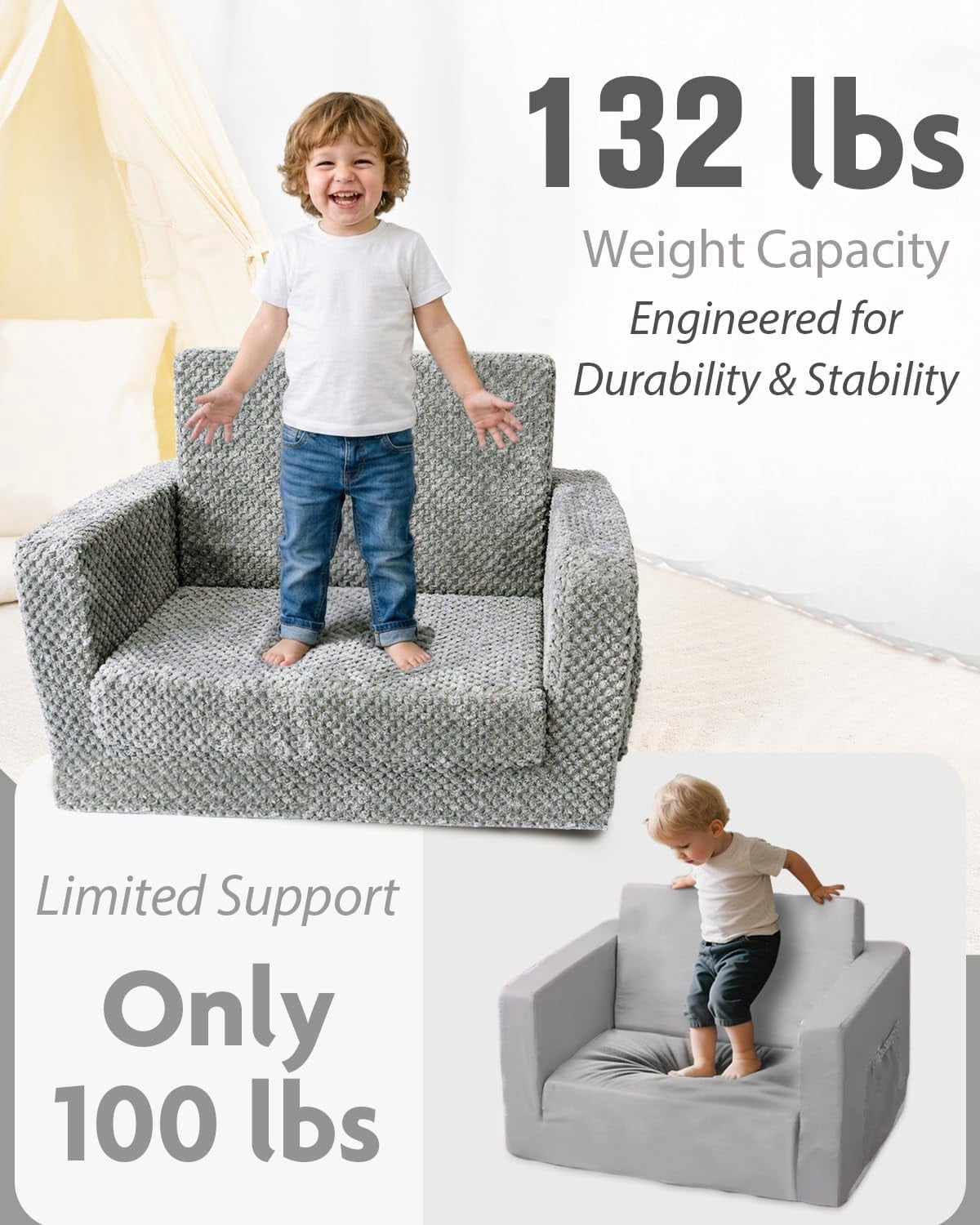 Beavtaens Foldable Toddler Couch with Soft Sherpa Cover, 2-in-1 Comfy Toddler Sofa & Lounger for 1-3 Years Old Girls Boys, Kids Chair with Pockets & Handle for Reading, Playroom (Gray)