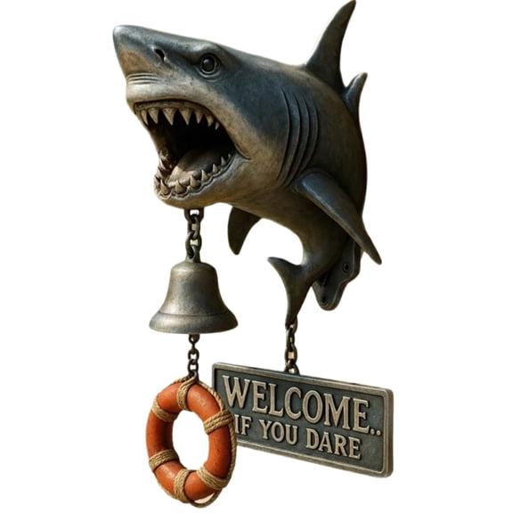 Shark Wall Decor, Outdoor Porch Decor, Beach House Decor, 1 Pc, Cast Metal Construction, Entryway Accent, Lifebuoy Detail, Wall Mount