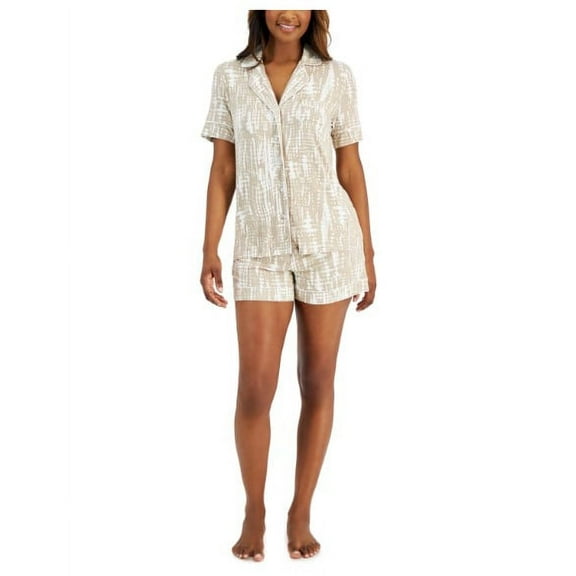 Alfani Womens Notch Collar Shorts Pajama Set Brn Tiedye Wave XL