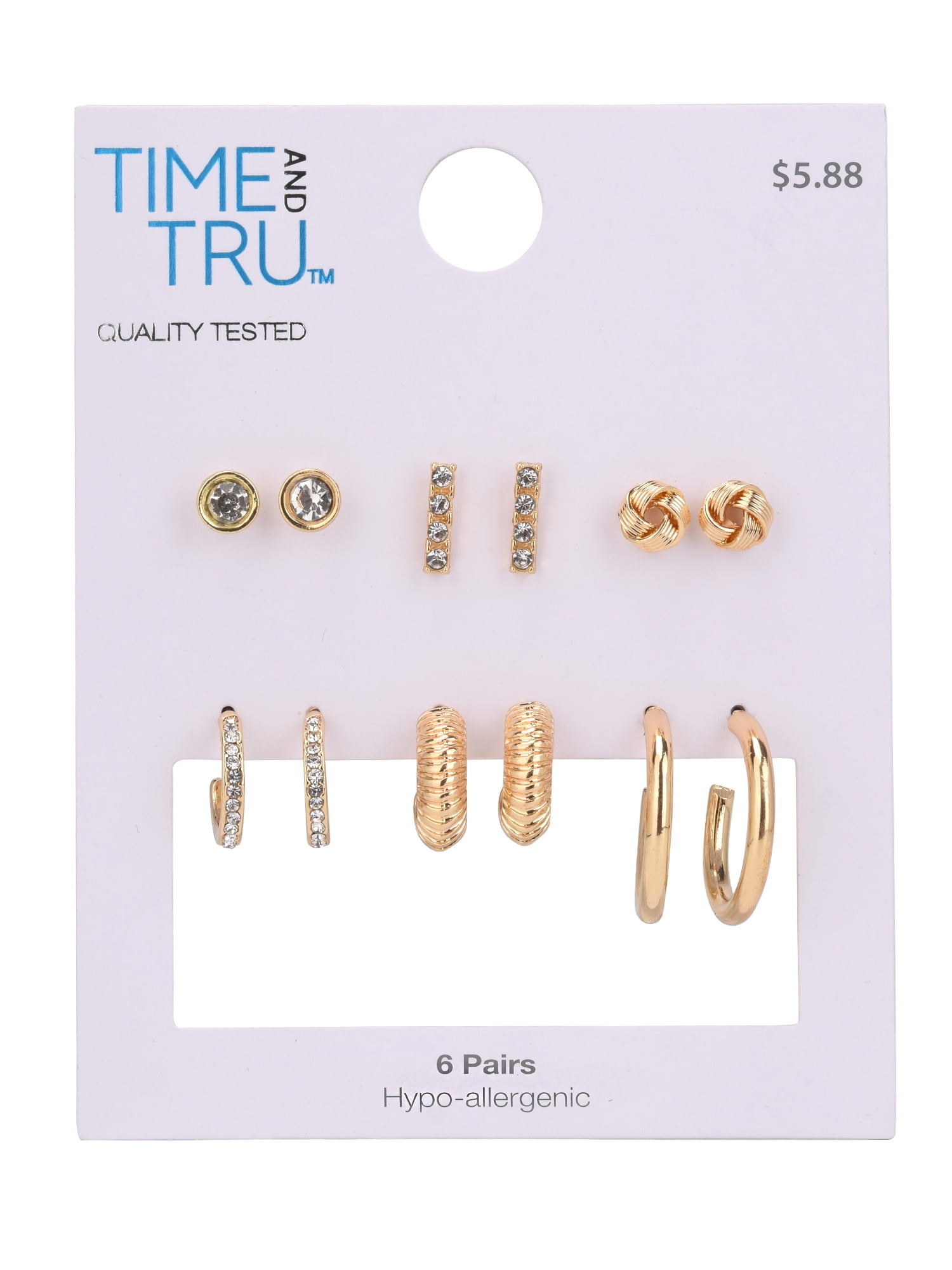 Time and Tru Adult Women's Gold Tone 6 Pair Stud and Hoop Crystal Metal Earring Set
