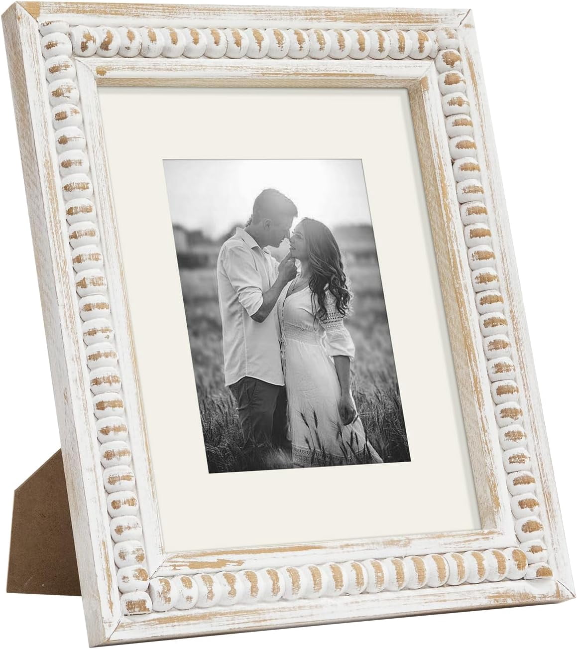 MODE HOME White 8x10 Picture Frame with Mat for Displays 8x10 and 5x7 Photos, Farmhouse Picture Frames with Wooden Beaded Design, White 8 by 10 Picture Frame for Tabletop Home Decor