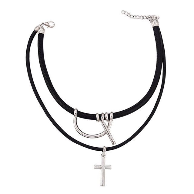 Collar con colgante de cruz para hombre, elegante collar de cuero PU de acero inoxidable a la moda, joyería para citas