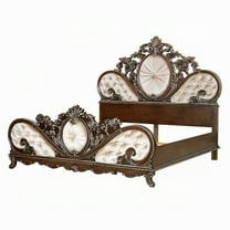 Vany Queen Bed, Scrolled Carved Headboard, Ivory Upholstery, Cherry