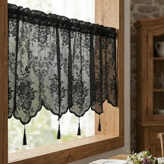 Homey Sheer Embroidered Pink Flowers Leaves Vine Window Treatment Valance Great for Kitchen Bedroom (Black, 52Wx18L)