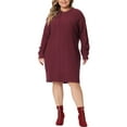thumbnail image 2 of Unique Bargains Women's Plus Size Long Sleeve Knit Pullover Short Sweater Dresses 1X Burgundy, 2 of 6
