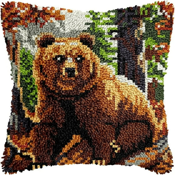 Brown Bear Latch Hook Pillow Kits DIY Pillowcase Cushtion Cover Crochet Hooking Pillow Making Kits with Color Pattern Canvas Crochet Hooking Kits Pillow 43x43cm(b194)