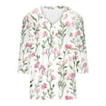 thumbnail image 3 of Felirenzacia Women’s White Blouse, V-Neck, Three-Quarter Sleeve Top with Purple Floral and Gray Stem Print, 3 of 5