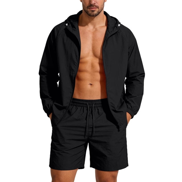 Chaqueta de Sudadera con Cremallera de Manga Larga con Capucha de Color Sólido para Hombre con Pantalones Cortos de Seda de Hielo Y Ropa Protectora Solar para Uso Diario Al Aire Libre