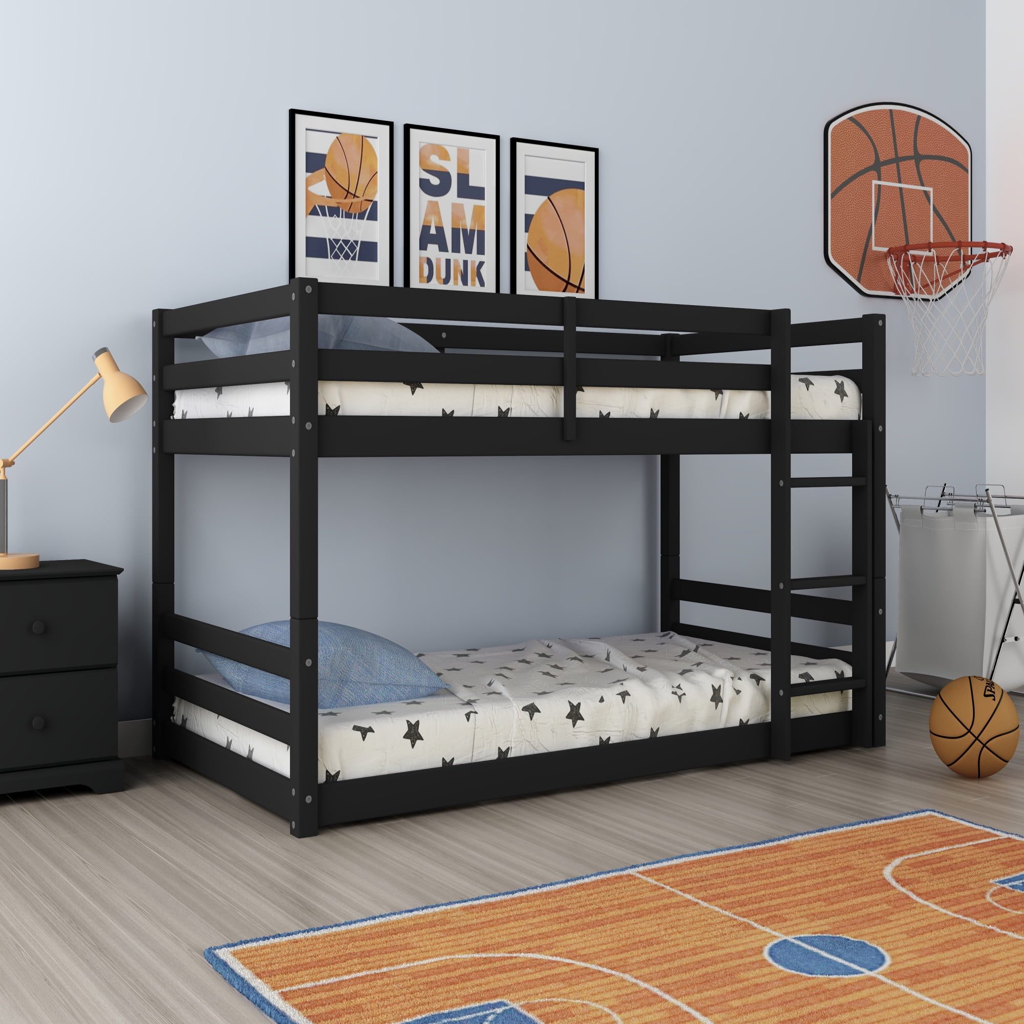 HH2 Home Essentials Campbell Wood Twin Over Twin Floor Bunk Bed, Black