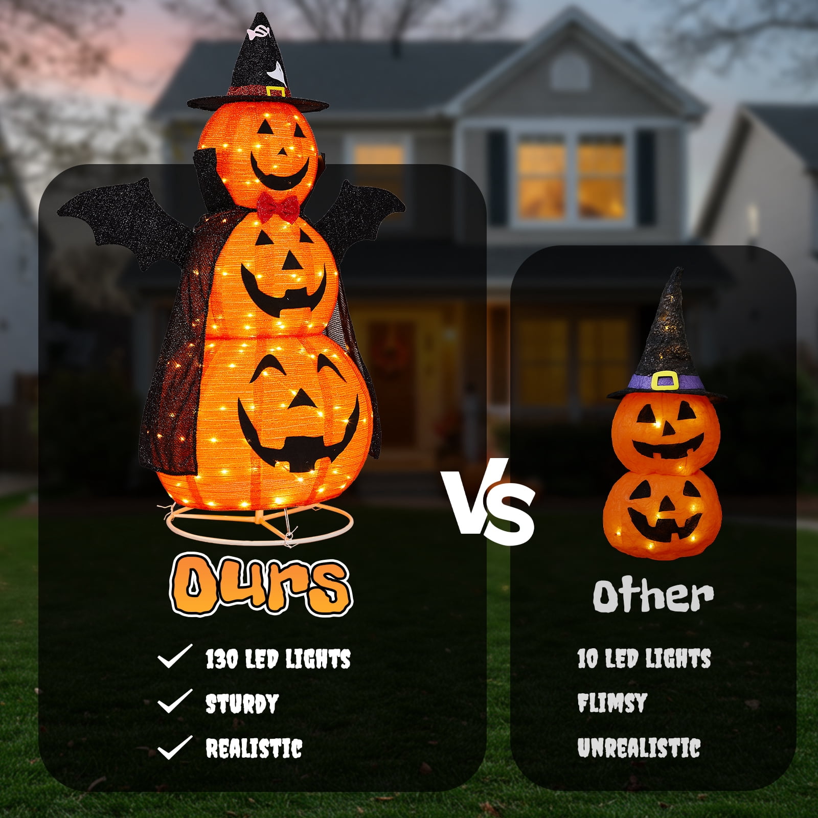 Astoutdoor 5 ft Orange 3-Tier Retractable Fabric Pumpkin Halloween Light Decor with Cape and Wings, 130 Warm White LED String Lights, 4.5V 3.6W