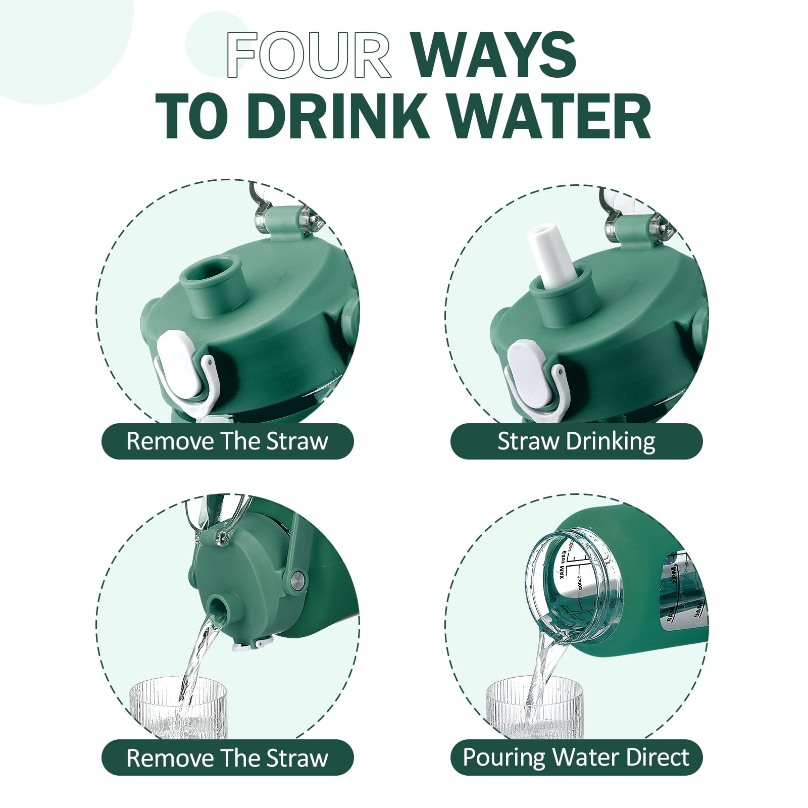 MUKOKO 64oz Glass Water Bottles, Motivational Glass Bottle with Silicone Sleeve, Straw and Time Marker, Leakproof Large Half Gallon Glass Water Jug for Gym Home Office, Dark Green