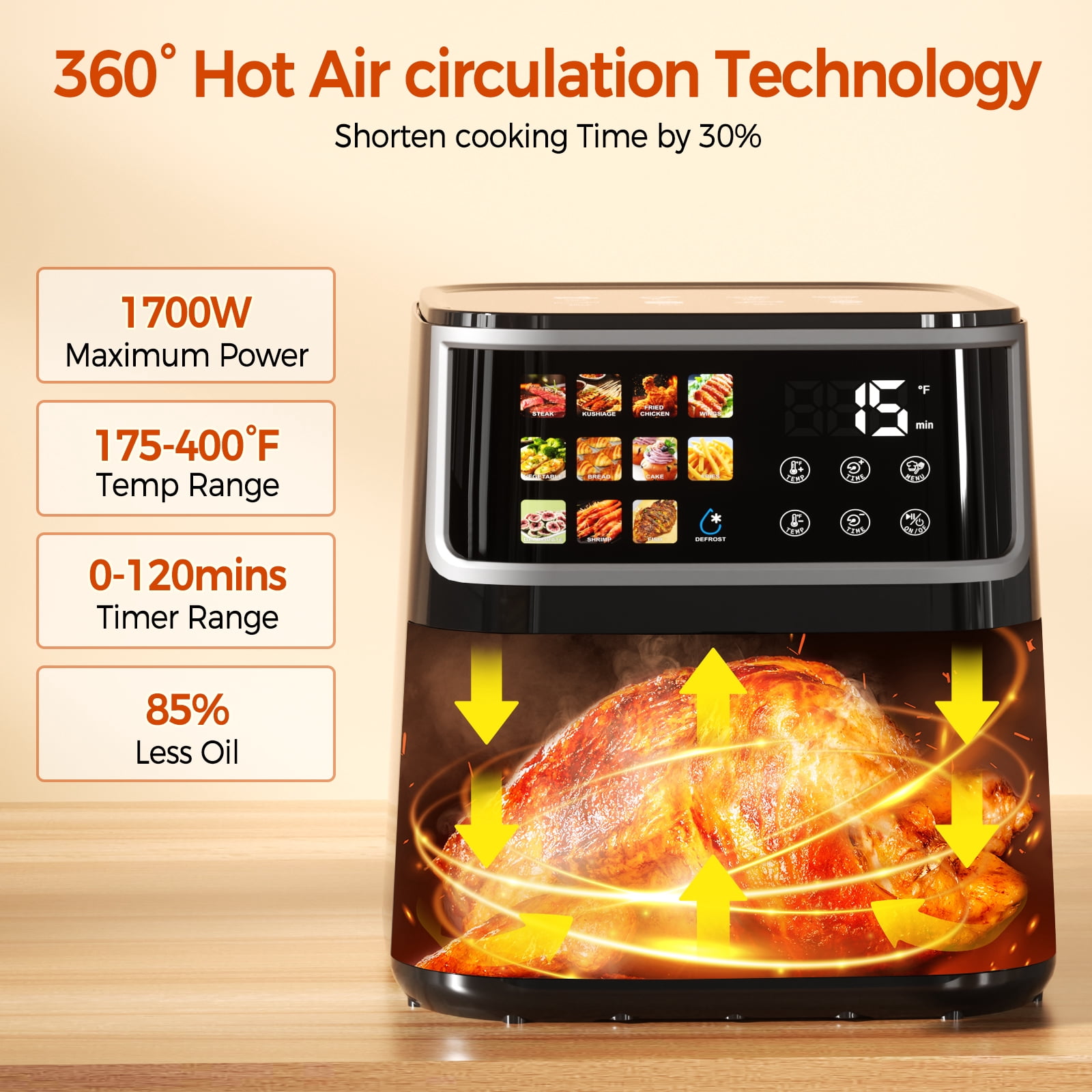 Air Fryer, LED Digital Color Display with Easy-View Window, 9QT for 4-6 People, 1700W Powerful Heating, Nonstick & Dishwasher Safe Frying Basket, 85% Less Oil