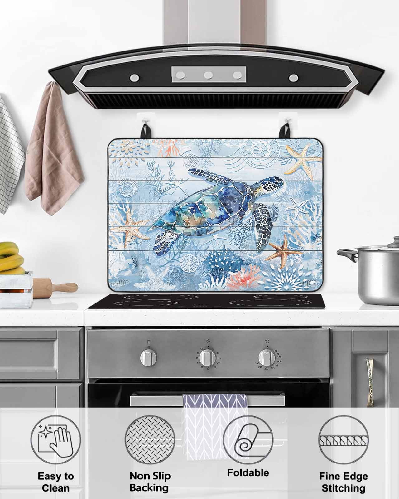nqOlkjepod Large Induction Cooktop Protector Mat 24"x21", Blue Turtle Coastal Stove Top Covers for Electric Stove, Summer Beach Nautical Starfish Stove Burner Cover Mats, Glass Top Stove Cover