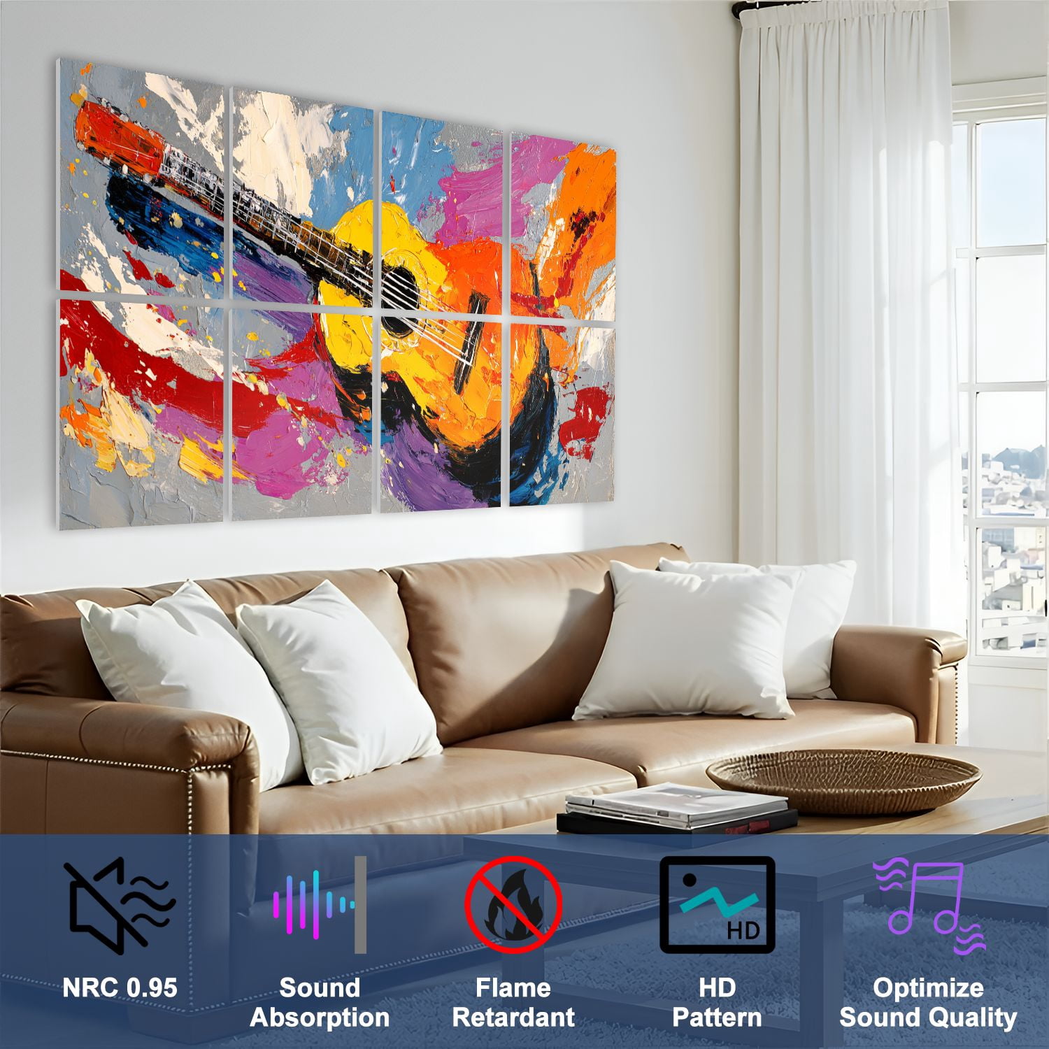 8 Pack Art Acoustic Panels Sound Absorbing Abstract Artwork Country Rustic Decor Acoustic Guitar Violin Paint Decorative Soundproof Wall Panels Self Adhesive for Nursery Game Room Bedroom 48"x32"