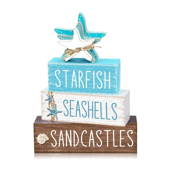 XIBUFE 4 Pcs Beach Summer Table Decor Starfish Seashell Coastal Wooden Block Sign Ocean Tiered Tray Decor Farmhouse Table Centerpieces Rustic Nautical Decorations for Home Office Desk Shelf Mantel