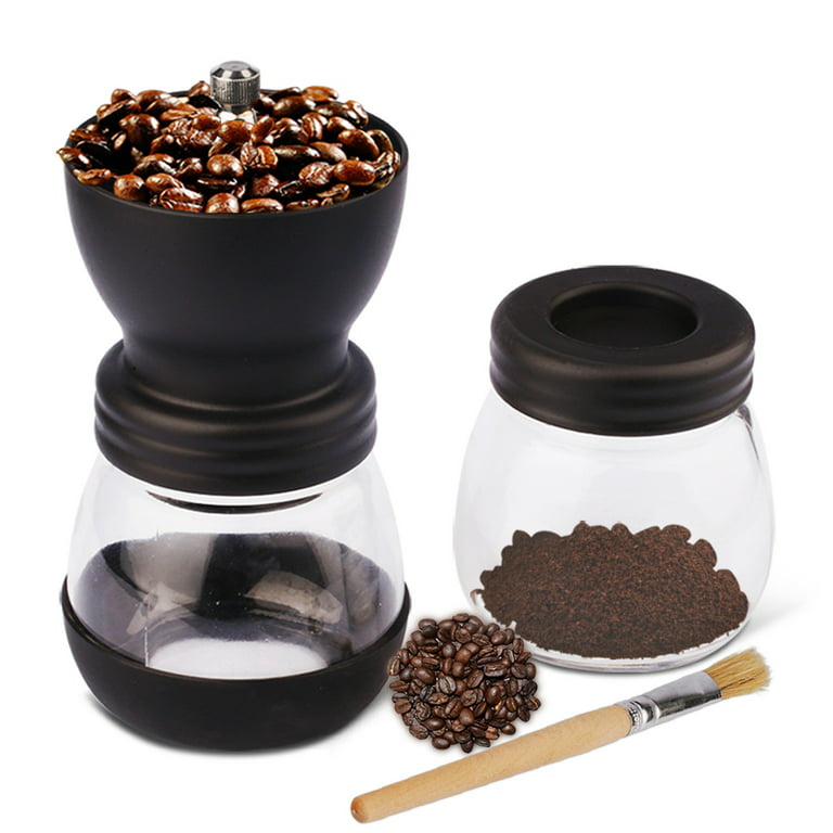 Manual Coffee Grinder with Ceramic Burrs, Hand Coffee Mill with Two Glass Jars(11oz Each), Brush and Tablespoon Scoop