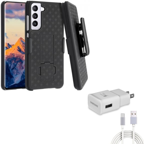 Swivel Holster Case Belt Clip w 6ft USB Cable Type-C Fast Home Charger for Samsung Galaxy S21 FE 5G