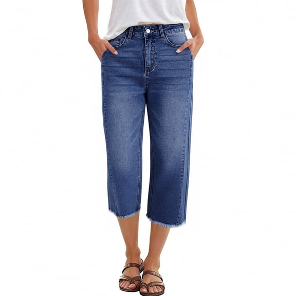 Garbnen Capri Jeans for Women Raw Hem High Waisted Straight Leg Jeans for Women Lightweight Dressy Outdoor Denim Capris Pants for Women with Pockets Blue XXL