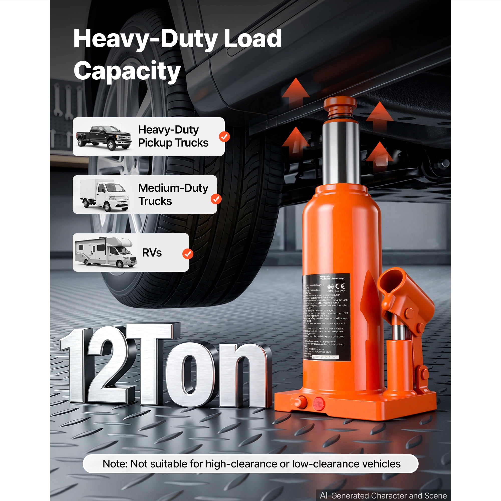 KFFKFF Hydraulic Bottle Jack 12 Ton Capacity, 9.06"-17.32" Adjustable Lifting Range,Suitable for Pickup Trucks,Medium-Duty Vehicles, RVs,Durable Multi-Directional Jack with Extended Handle