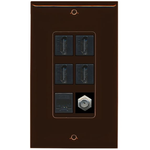 RiteAV - 4 x HDMI and 1 x Ethernet Cat5e and 1 x Coax Cable TV F Type Port Wall Plate - Brown