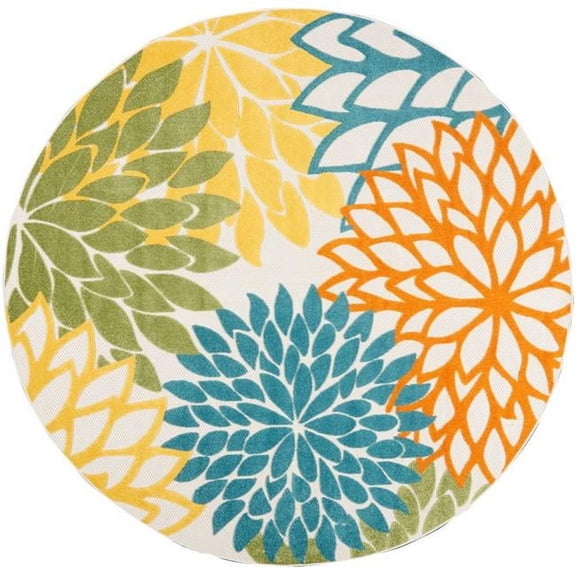 8 x 8 ft. Turquoise Floral Non Skid Indoor & Outdoor Round Area Rug - Blue and Ivory - 25in. H x 94in. W x 94in. D