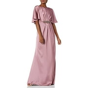 Adrianna Papell Boat Neck Short Sleeve Pleated Brooch Front Zipper Back Satin Dress-ROSE / 0