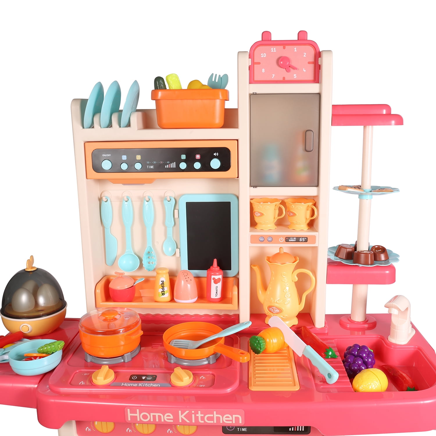 Kitchen Playset for Kids, Pink Kitchen with Realistic Lights & Sounds, Play Sink with Runnng Water, Cooking Stove with Steam, 65 PCS Kitchen Accessories Set for Girls Boys