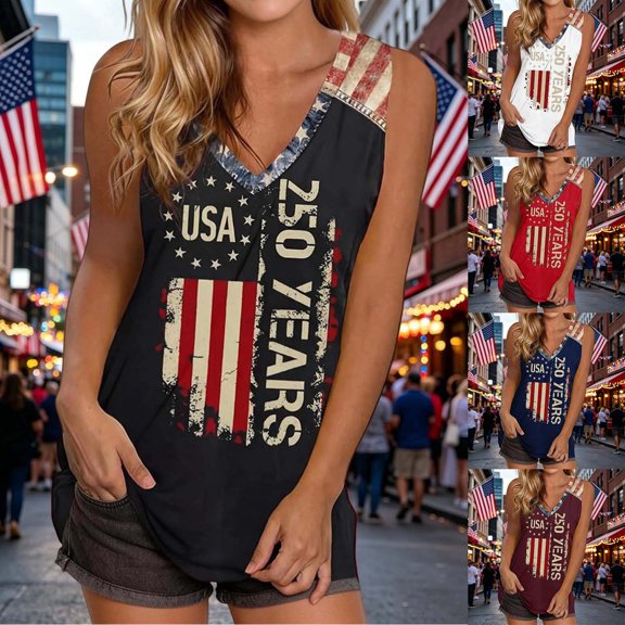 Womens 4Th of July Tank Top Independence Day Summer Casual Print Sleeveless Blouse America 250 Tshirt Black L