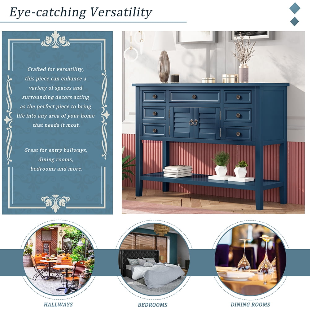 Lowestbest 45" Classic Console Table with Storage Drawers, Sofa Table with 7 Drawers, 1 Cabinet and 1 Shelf (Navy Blue) Lowestbest 45" Classic Console Table with Storage Drawers, Sofa Table with 7 Drawers, 1 Cabinet and 1 Shelf (Navy Blue)
