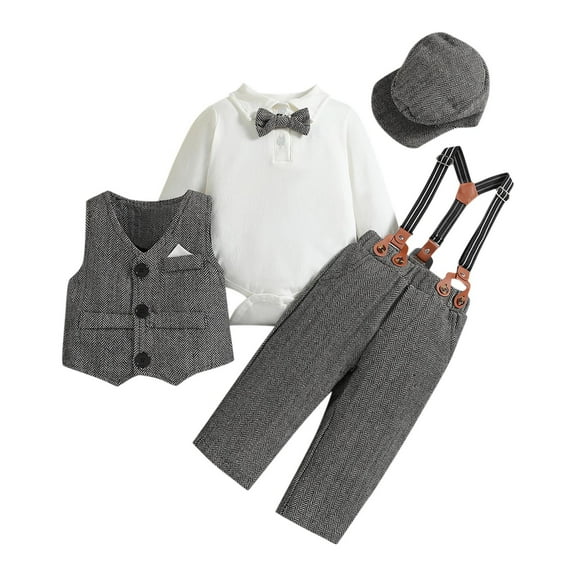 Owordtank Baby Boy Gentleman Outfit Formal Tuxedo Suit Bowtie Romper Overalls with Vest Hat Birthday Wedding Party Clothes