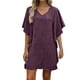 thumbnail image 1 of Mujeres manga corta vestidos de verano cuello en V sólido Batwing manga suelta cambio longitud de rodilla casual cómodo vestido corto de manga larga para mujeres, 1 of 6