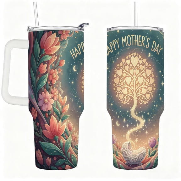 Stainless Steel Insulated Tumbler with Handle, Lid and Straw, Heart Tree Floral “Happy Mother’s Day” Design, Double-Wall Hot & Cold Travel Cup, Gift for Mom