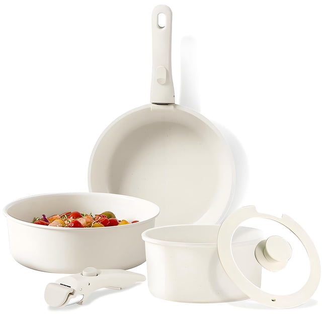 Batería de Cocina 5 Piezas, Sartenes y Ollas Antiadherentes con Mango Desmontable Incluye Sartén, Wok, Cacerola Compatible con Inducción/Gas/Eléctrico Sin PFOA/PFOS
