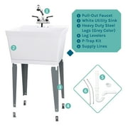 Tehila White Freestanding Floor Mount Utility Sink with Chrome Finish Faucet for Laundry Room