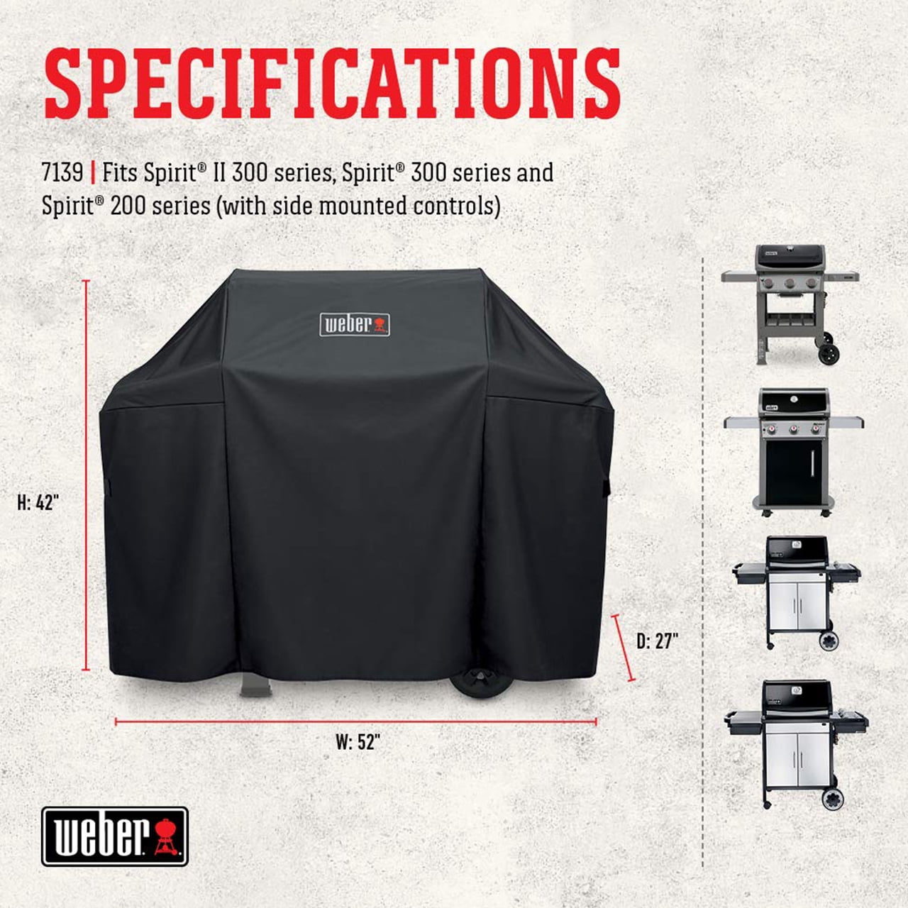 7139 for Weber Spirit and Spirit II 300 Series Premium Grill Cover, Heavy Duty and Waterproof, Fits Grill Widths Up To 50 Inches