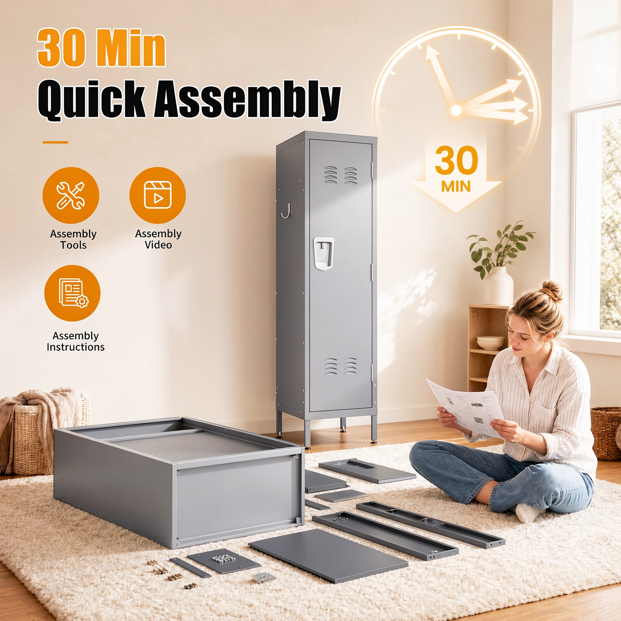 HOQBN 55" Tall Metal Wardrobe Cabinet,Waterproof Steel Clothing Storage Locker with Ventilated Door,Lock & Side Hooks,Vertical Bedroom Wardrobe for Small Apartment Home Office,Gray