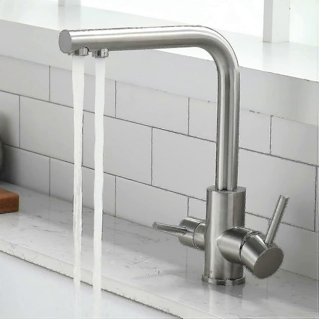 Grifo de cocina de 3 vías - Giratorio 360° - Mezclador con filtro de agua 3 en 1 - Grifo de agua potable con 2 palancas - Grifo de tres vías