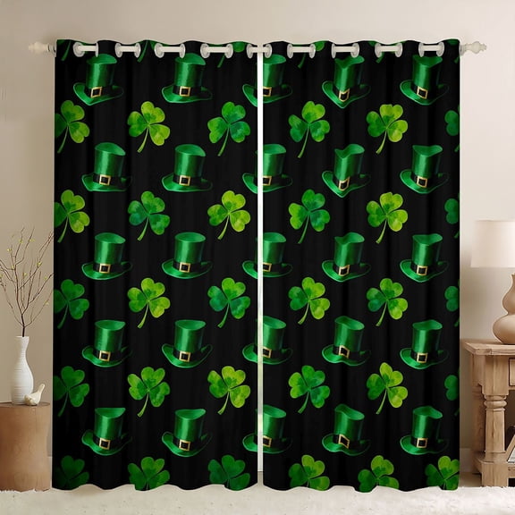 Feelyou Lucky Shamrock Curtains Pack of 2 (42x84 Each), Black Green Curtains Blackout