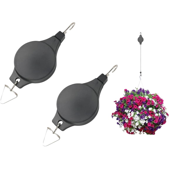 Retractable Plant Hanger - Upgraded Heavy Duty Plant Pulleys for Hanging Plants Easy Lift, Adjustable Hook for Garden Flower Pots, Bird Feeders Indoor Outdoor Use (Black_2pcs)